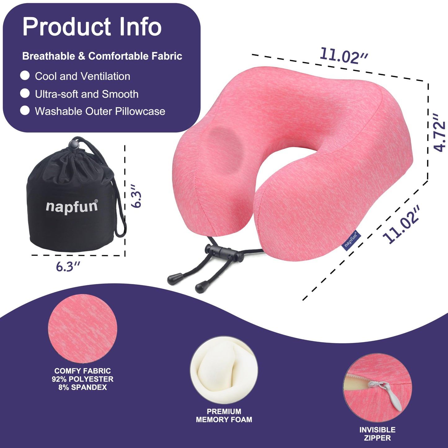 napfun Neck Pillow for Traveling, Upgraded Travel Neck Pillow for Airplane 100% Pure Memory Foam Travel Pillow for Flight Headrest Sleep, Portable Plane Accessories, Full Black