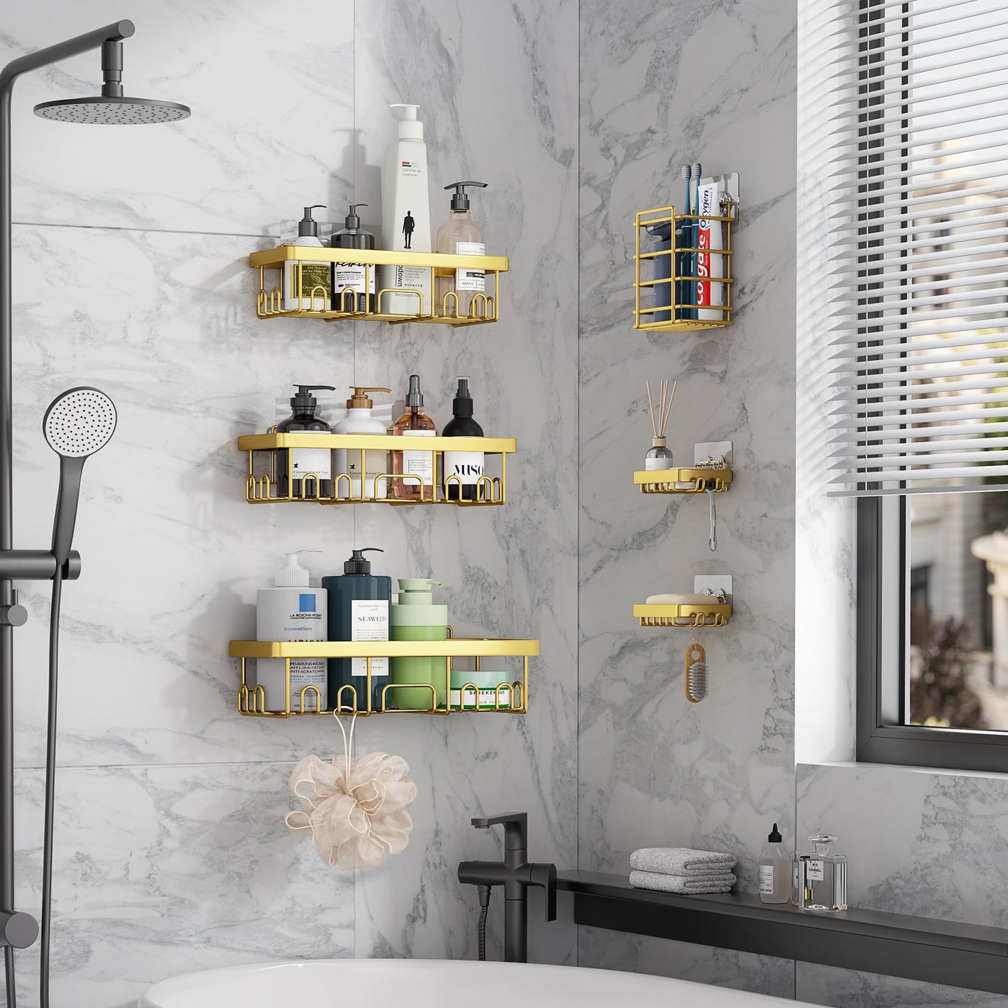 Veken Stainless Steel Shower Caddy 6-Pack, No Drilling & Rustproof, Waterproof Adhesive Shelves Rack with Soap Holder, Large Capacity Bathroom Organizers and Storage, Wall-Mounted Kitchen & Home Decor