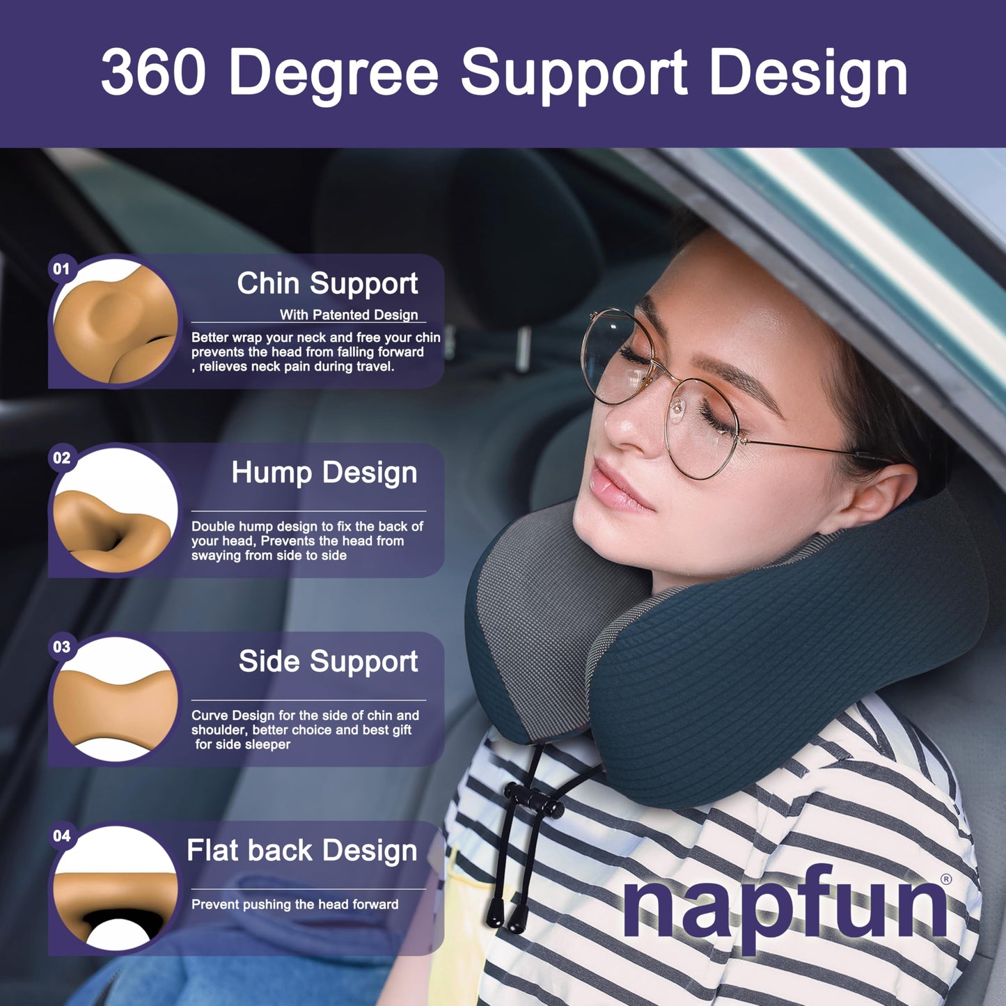 napfun Neck Pillow for Traveling, Upgraded Travel Neck Pillow for Airplane 100% Pure Memory Foam Travel Pillow for Flight Headrest Sleep, Portable Plane Accessories, Full Black