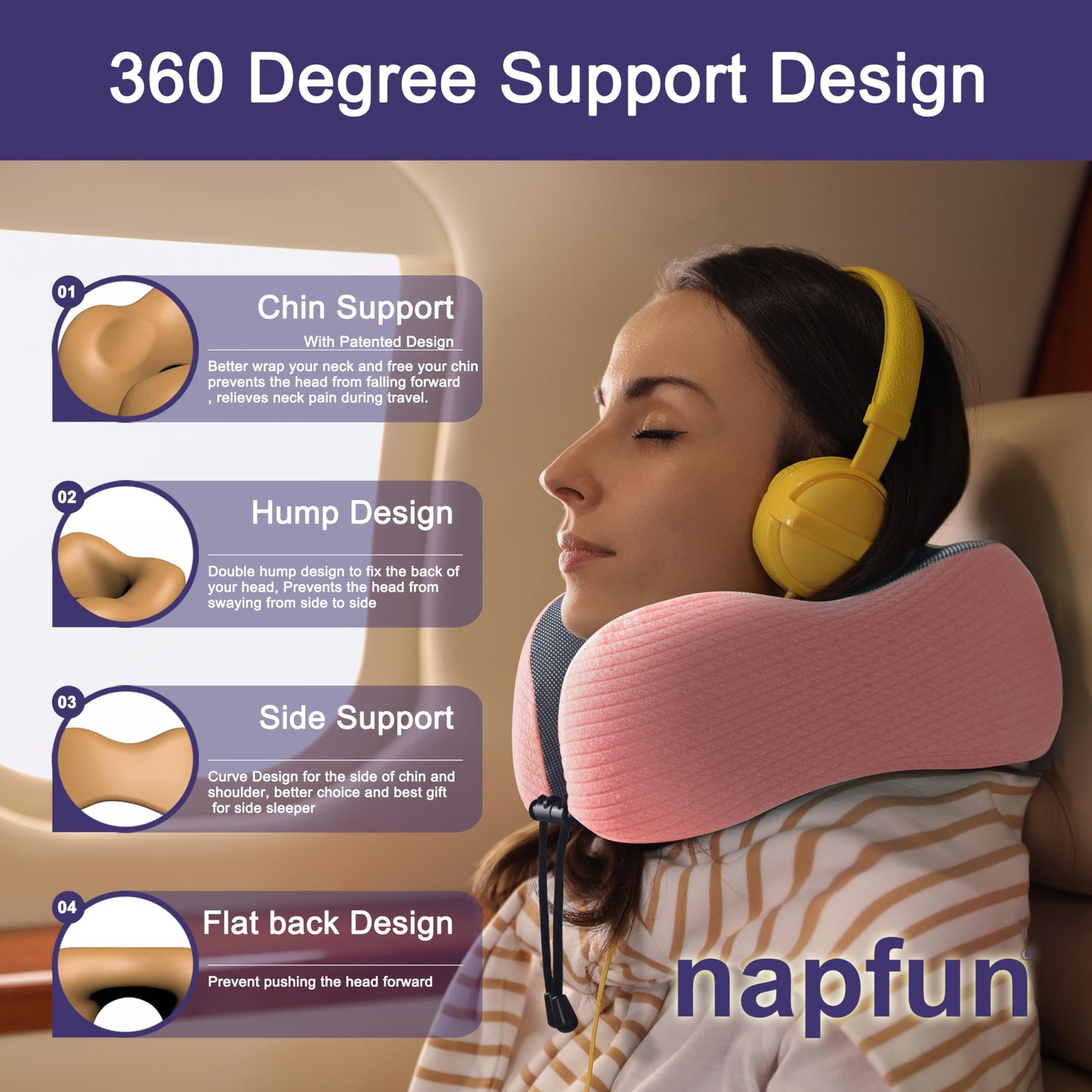 napfun Neck Pillow for Traveling, Upgraded Travel Neck Pillow for Airplane 100% Pure Memory Foam Travel Pillow for Flight Headrest Sleep, Portable Plane Accessories, Full Black