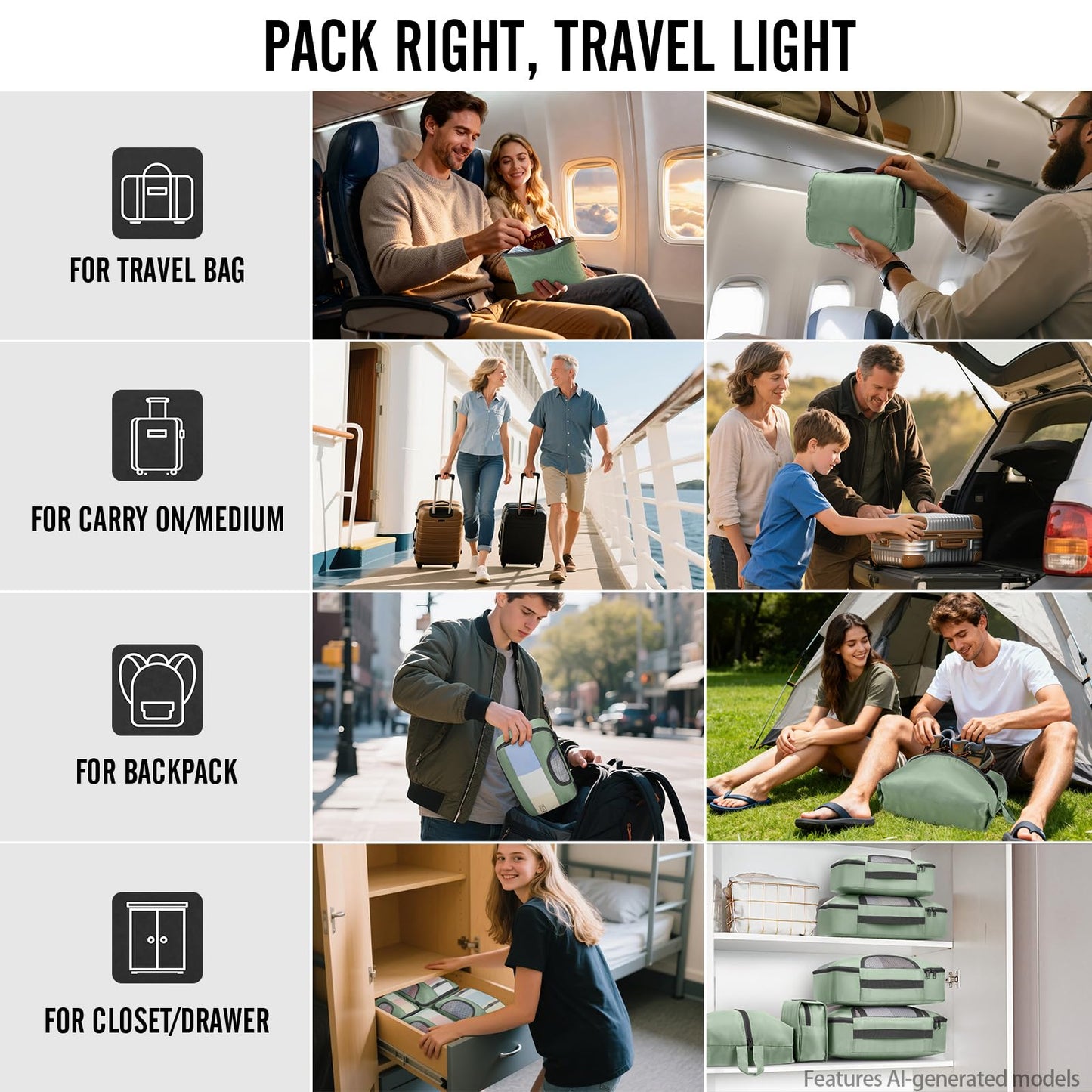 Veken 10 Set/8 Set Packing Cubes for Travel Essentials,Anti-Wrinkle Buckled Suitcase Organizer for Shoe & Toiletry Bag,Carry On Luggage Bag for Airplane & College Dorm Room Accessories,Women Men Gifts