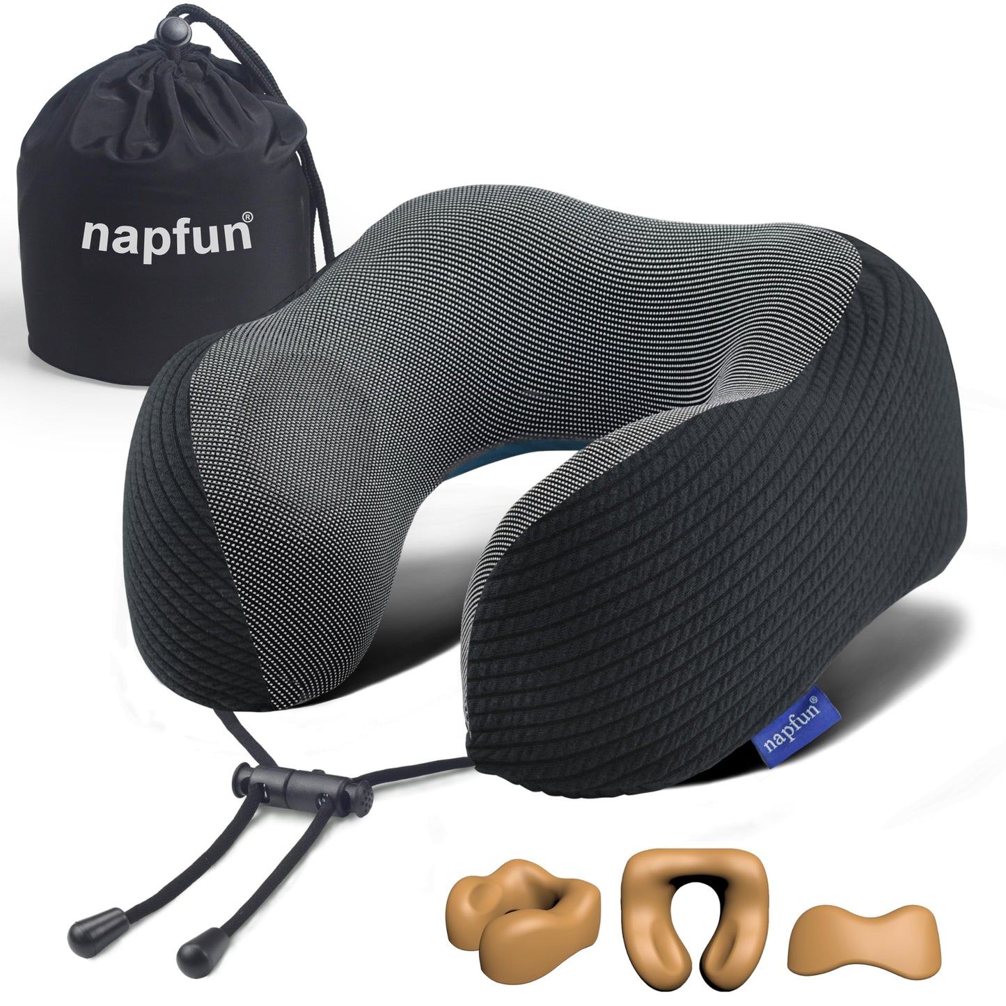 napfun Neck Pillow for Traveling, Upgraded Travel Neck Pillow for Airplane 100% Pure Memory Foam Travel Pillow for Flight Headrest Sleep, Portable Plane Accessories, Full Black