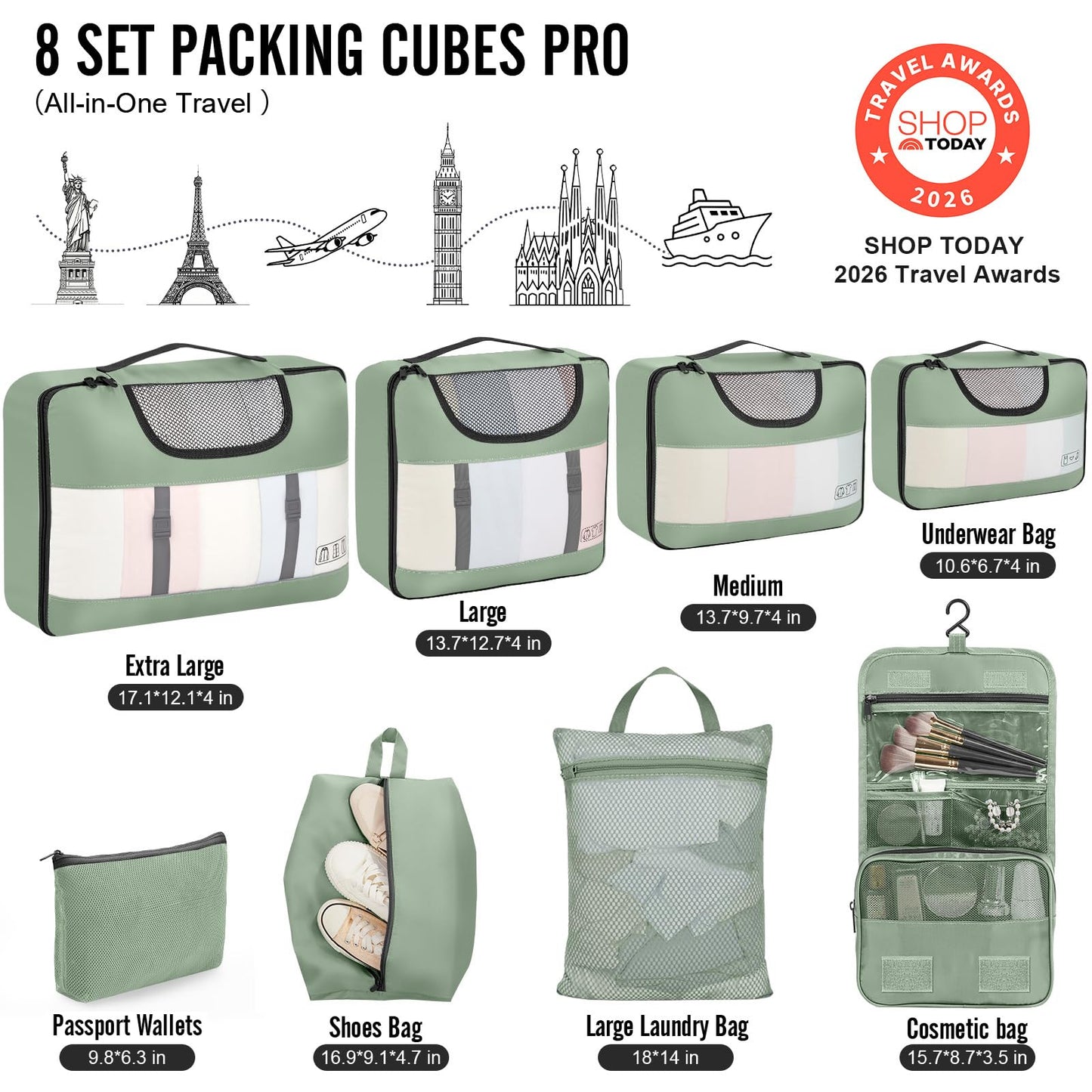Veken 10 Set/8 Set Packing Cubes for Travel Essentials,Anti-Wrinkle Buckled Suitcase Organizer for Shoe & Toiletry Bag,Carry On Luggage Bag for Airplane & College Dorm Room Accessories,Women Men Gifts