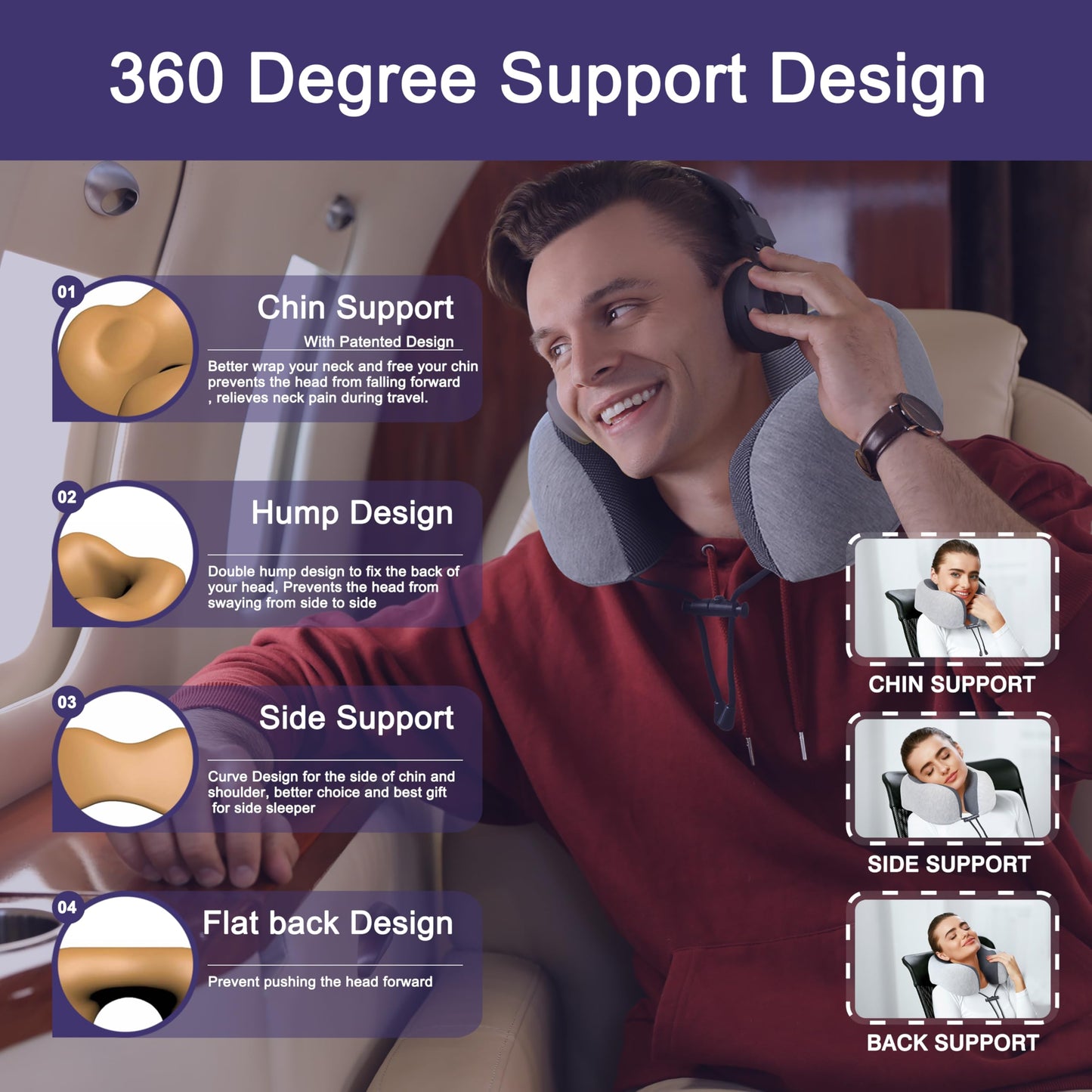napfun Neck Pillow for Traveling, Upgraded Travel Neck Pillow for Airplane 100% Pure Memory Foam Travel Pillow for Flight Headrest Sleep, Portable Plane Accessories, Full Black