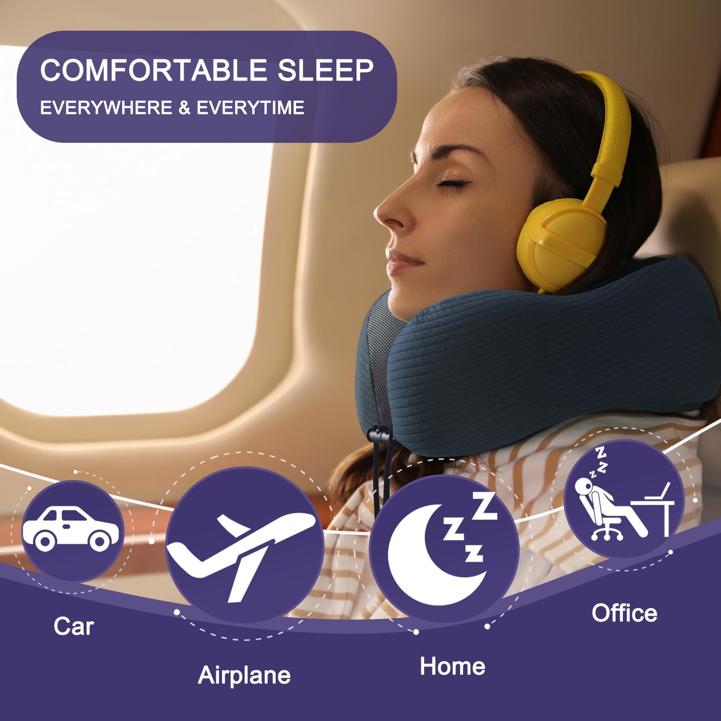 napfun Neck Pillow for Traveling, Upgraded Travel Neck Pillow for Airplane 100% Pure Memory Foam Travel Pillow for Flight Headrest Sleep, Portable Plane Accessories, Full Black