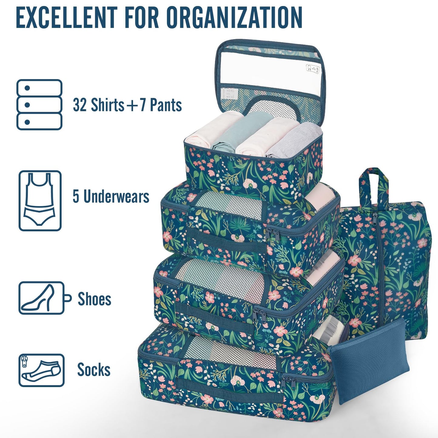 Veken 10 Set/8 Set Packing Cubes for Travel Essentials,Anti-Wrinkle Buckled Suitcase Organizer for Shoe & Toiletry Bag,Carry On Luggage Bag for Airplane & College Dorm Room Accessories,Women Men Gifts