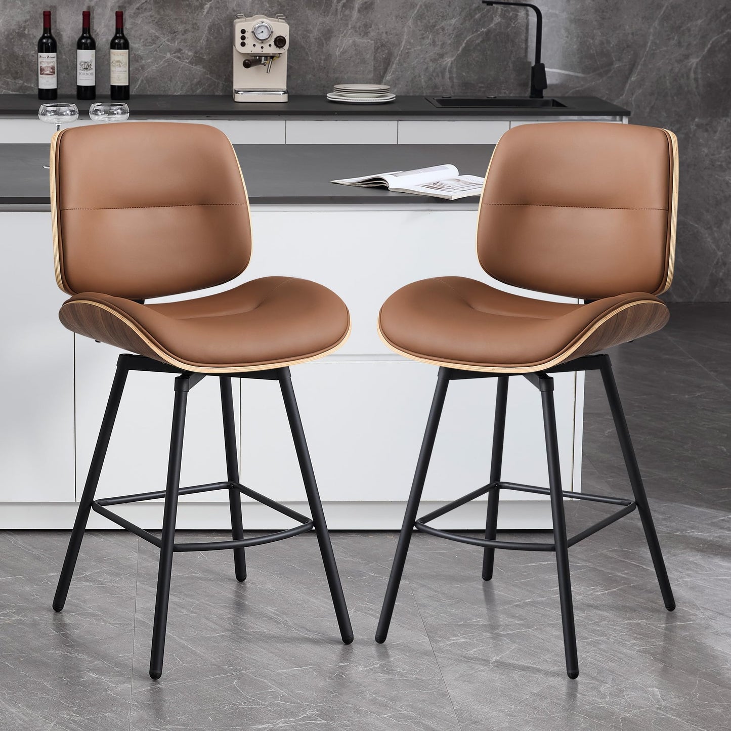 BFZ 27" Swivel Bar Stools Set of 2, Mid Century Modern Counter Height Barstools with Walnut Back and Metal Legs, Upholstered Faux Leather Bar Chairs for Kitchen Island