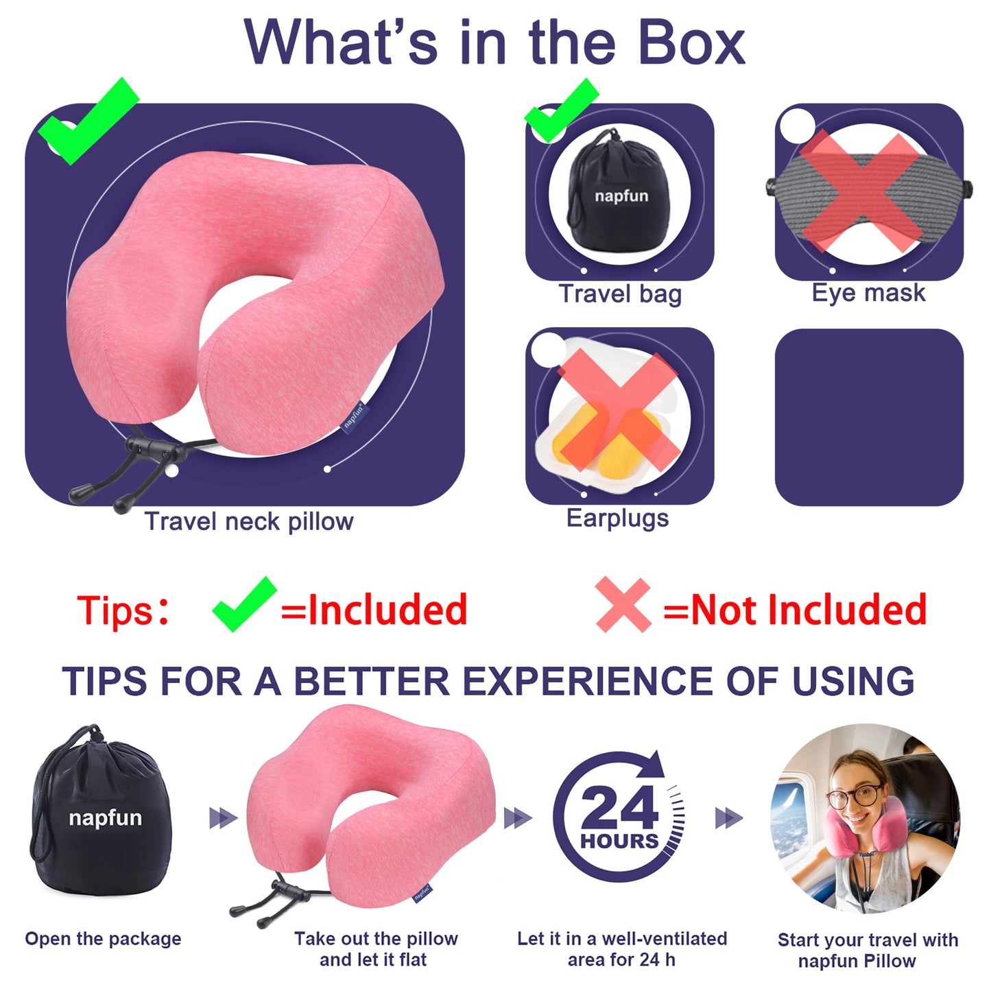napfun Neck Pillow for Traveling, Upgraded Travel Neck Pillow for Airplane 100% Pure Memory Foam Travel Pillow for Flight Headrest Sleep, Portable Plane Accessories, Full Black