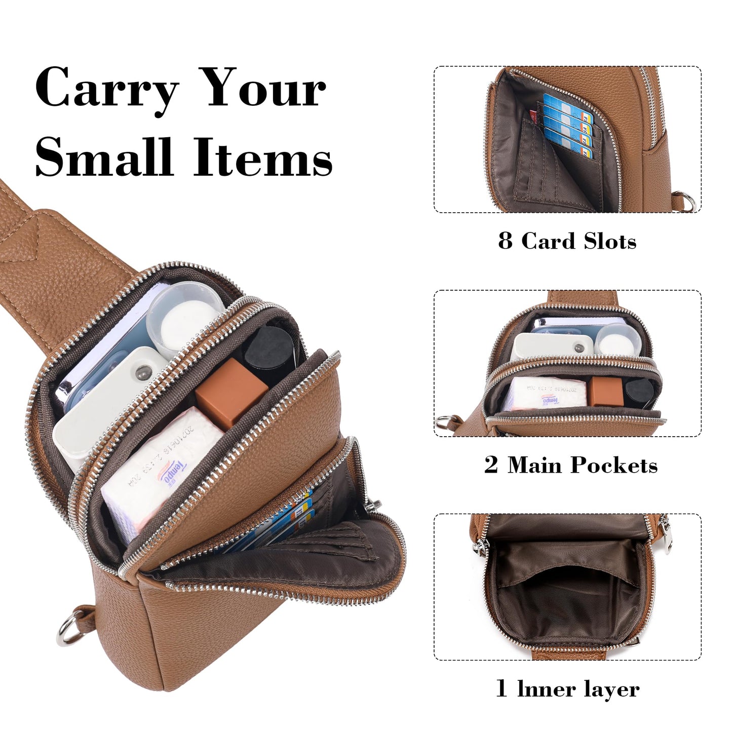 INICAT Travel Sling Bag, Anti Theft Crossbody Bag for Women | RFID Blocking, 8 Card Slots, Back Zippered Pocket, Metal Zippers,Switchable Strap