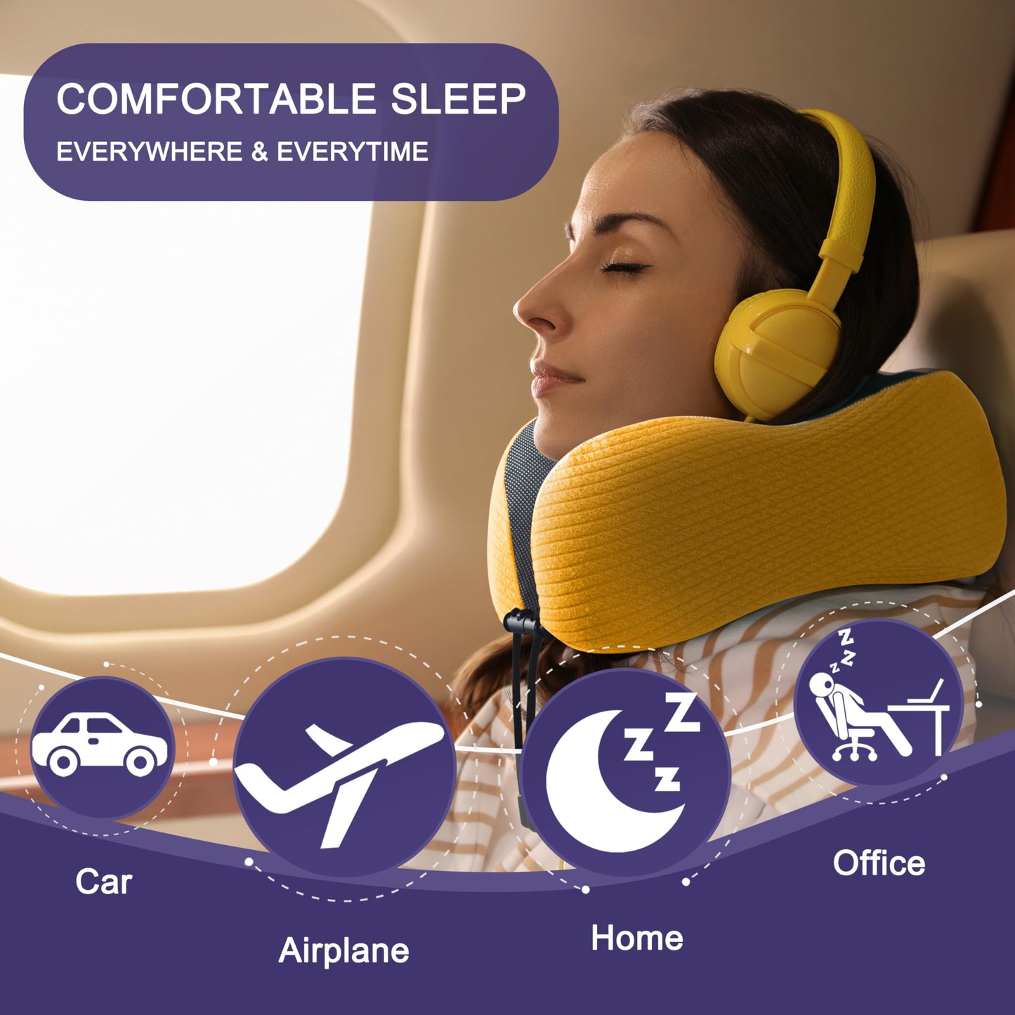 napfun Neck Pillow for Traveling, Upgraded Travel Neck Pillow for Airplane 100% Pure Memory Foam Travel Pillow for Flight Headrest Sleep, Portable Plane Accessories, Full Black