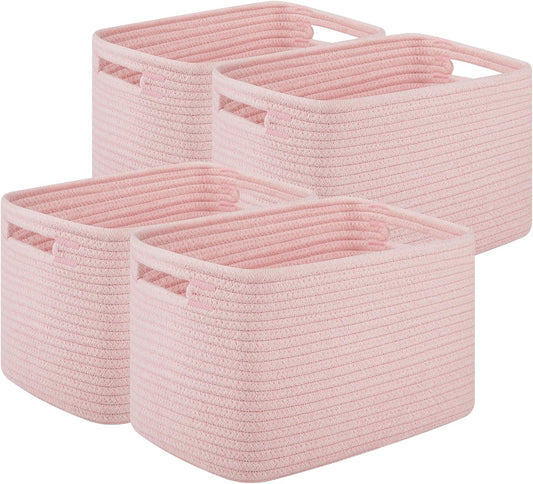 Storage Baskets for Organizing, Woven Decorative Baskets for Shelves - Books, Towels, and Clothes, Cotton Rope Toy Storage Bins, 12.7''Lx9''Wx7.8''H, Pack of 4, Brown