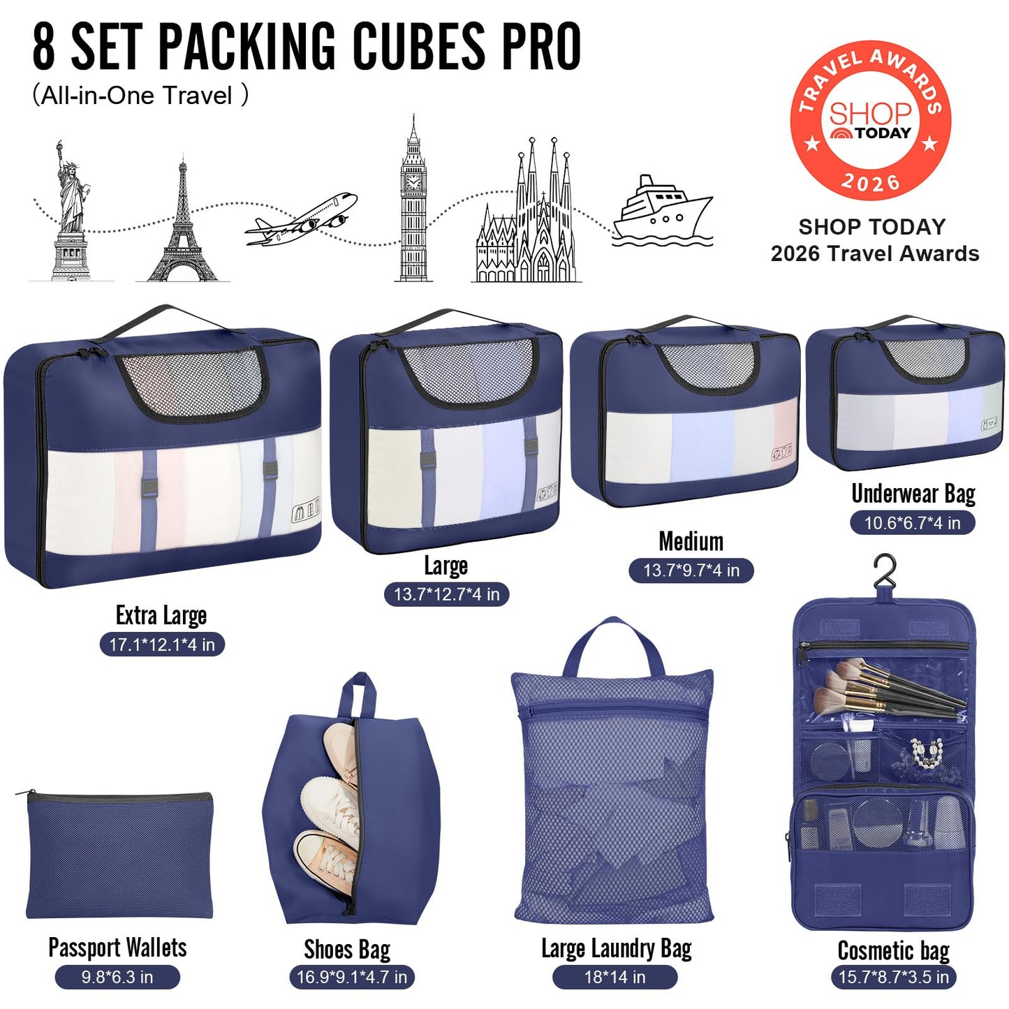 Veken 10 Set/8 Set Packing Cubes for Travel Essentials,Anti-Wrinkle Buckled Suitcase Organizer for Shoe & Toiletry Bag,Carry On Luggage Bag for Airplane & College Dorm Room Accessories,Women Men Gifts