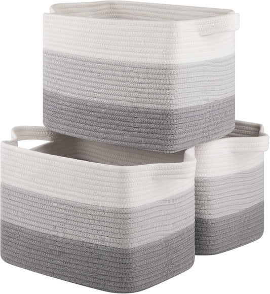 Storage Basket for Organizing, Woven Baskets for Storage, Rectangle Decorative Baskets for Shleves, Closet, Toys, Books, Nursery Organizer Bins - Pack of 3 (Black & Brown)