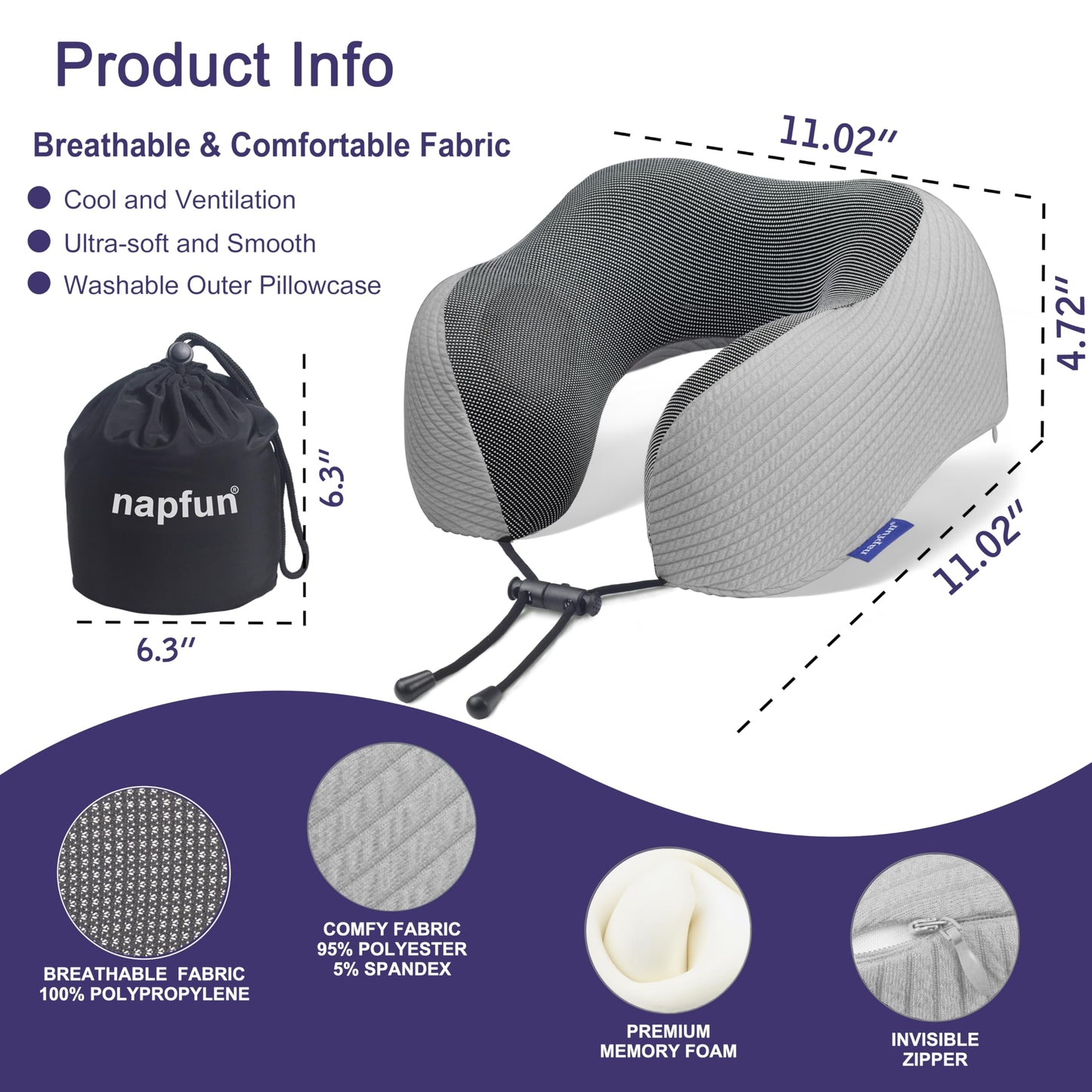 napfun Neck Pillow for Traveling, Upgraded Travel Neck Pillow for Airplane 100% Pure Memory Foam Travel Pillow for Flight Headrest Sleep, Portable Plane Accessories, Full Black