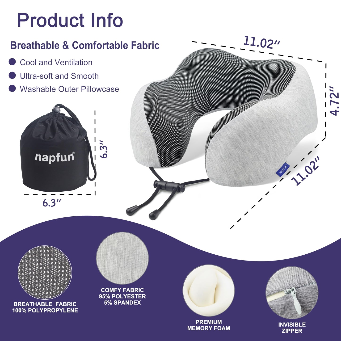 napfun Neck Pillow for Traveling, Upgraded Travel Neck Pillow for Airplane 100% Pure Memory Foam Travel Pillow for Flight Headrest Sleep, Portable Plane Accessories, Full Black
