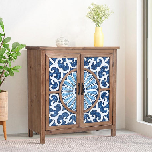 MFSTUDIO Accent Storage Cabinet with 2 Doors, Distressed Storage Cabinet Buffet Sideboard Display Cabinet with Metal Church Window Door for Entryway Living Room Kitchen, Black