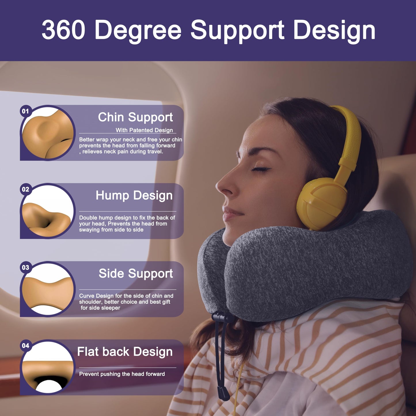 napfun Neck Pillow for Traveling, Upgraded Travel Neck Pillow for Airplane 100% Pure Memory Foam Travel Pillow for Flight Headrest Sleep, Portable Plane Accessories, Full Black