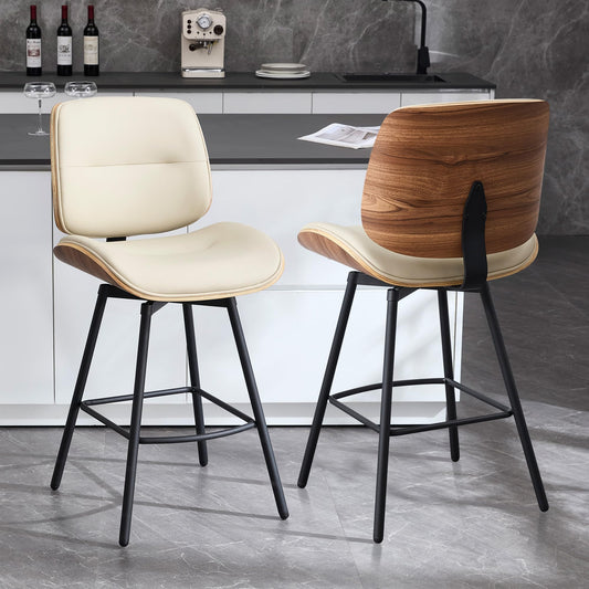 BFZ 27" Swivel Bar Stools Set of 2, Mid Century Modern Counter Height Barstools with Walnut Back and Metal Legs, Upholstered Faux Leather Bar Chairs for Kitchen Island
