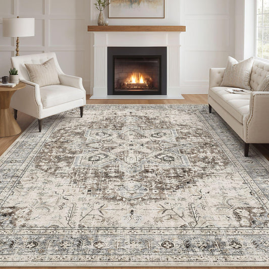 Tortania Area Rug Living Room Rugs - 8x10 Washable Boho Rug Vintage Oriental Distressed Farmhouse Large Thin Indoor Carpet for Living Room Bedroom Under Dining Table Home Office - Orange Multi