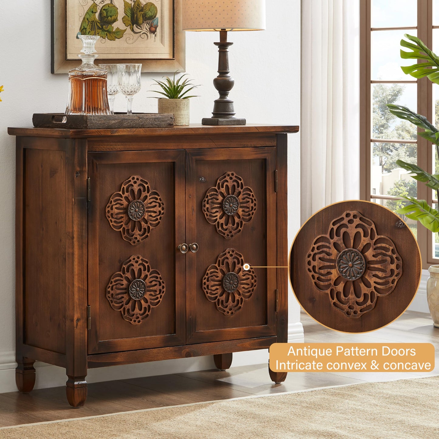 32" Retro Sideboard Buffet Cabinet with Storage - Wood Kitchen Storage Cabinet with 2 Antique Pattern Doors＆Metal Handles, Mid-Century Rustic Buffet Cabinet for Entryway Hallway Living Room