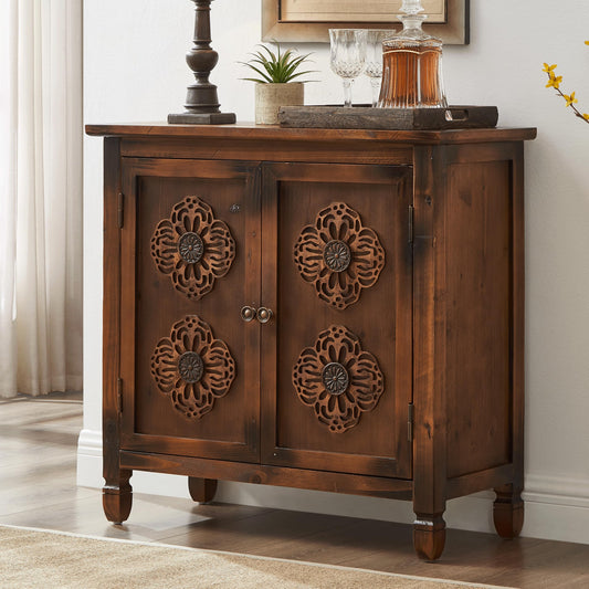 32" Retro Sideboard Buffet Cabinet with Storage - Wood Kitchen Storage Cabinet with 2 Antique Pattern Doors＆Metal Handles, Mid-Century Rustic Buffet Cabinet for Entryway Hallway Living Room