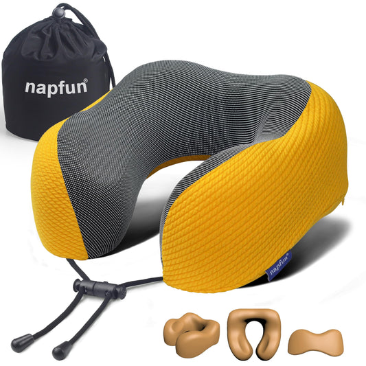 napfun Neck Pillow for Traveling, Upgraded Travel Neck Pillow for Airplane 100% Pure Memory Foam Travel Pillow for Flight Headrest Sleep, Portable Plane Accessories, Full Black
