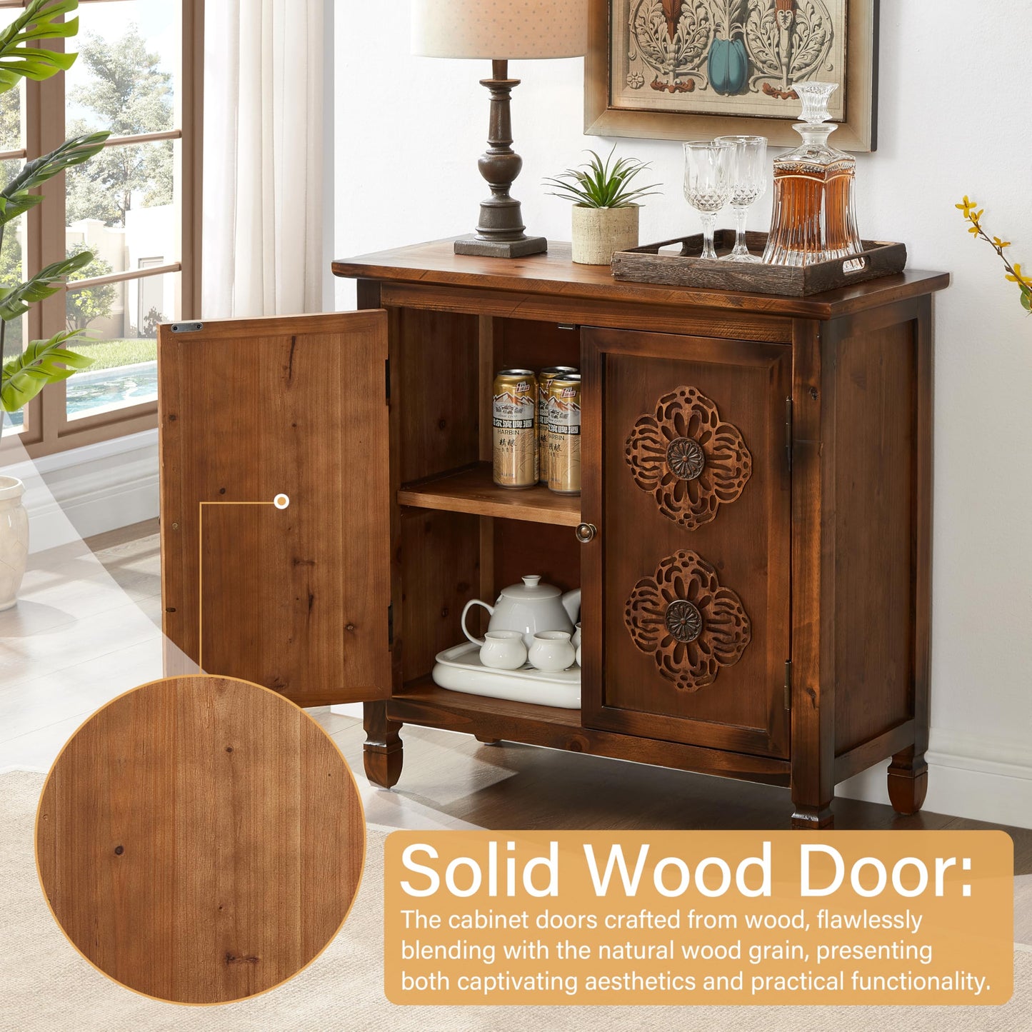 32" Retro Sideboard Buffet Cabinet with Storage - Wood Kitchen Storage Cabinet with 2 Antique Pattern Doors＆Metal Handles, Mid-Century Rustic Buffet Cabinet for Entryway Hallway Living Room