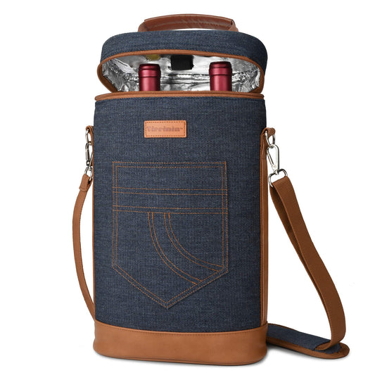 Tirrinia 2 Bottle Leakproof Insulated Wine Tote Carrier Bag - Padded Cooler for Travel, Restaurants, Tasting, Parties, Great Gift for Wine Lovers