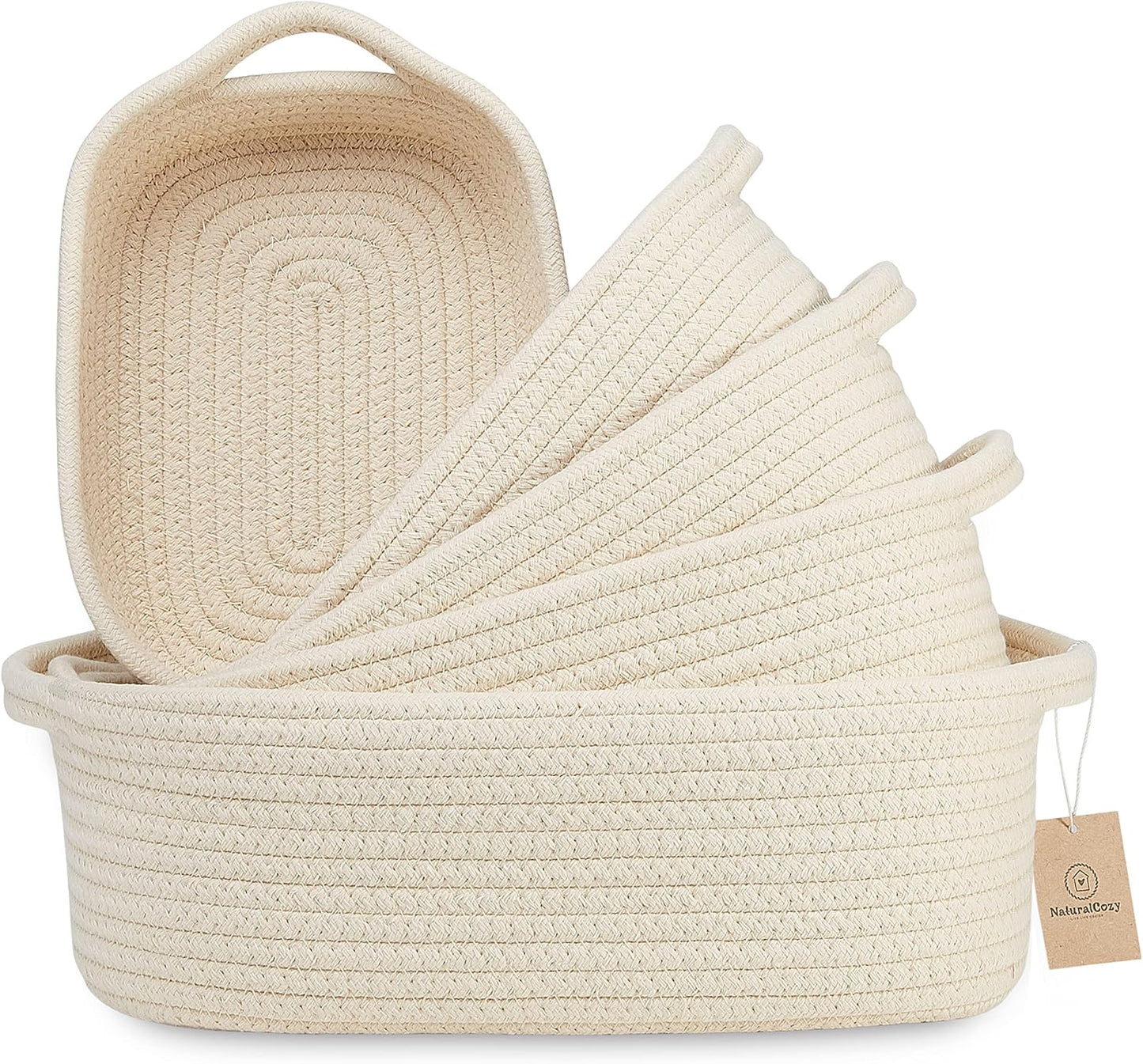 NaturalCozy 5-Piece Rectangle Storage Basket Set- Natural Cotton Rope Woven for Organizing! Small Basket for Montessori, Baby Nursery, Dog Toy Baskets, Cat Toy Box, Bathroom Organization Bin