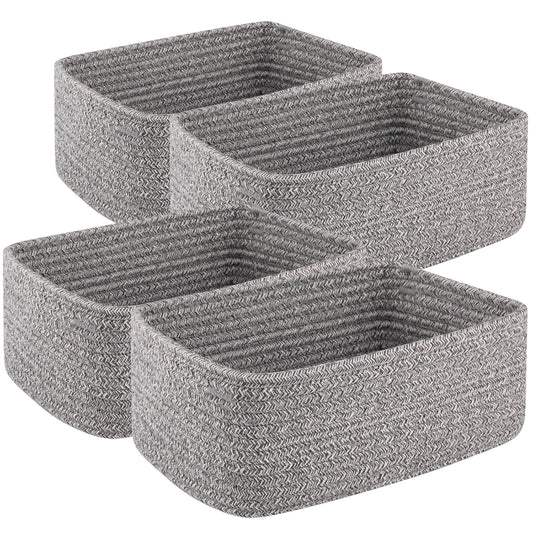 4 Pack Small Storage Shelf Baskets for Organizing, Mini Woven Rope Storage Bins for Towels, Cute Decorative Closet Organizer，Baby Nursery, Gift Empty Baskets -11.81''Lx7.87''Wx4.72''H'-Brown
