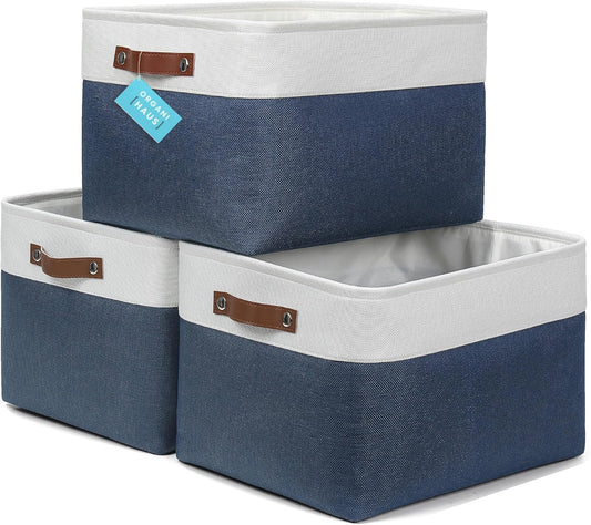 OrganiHaus Small Fabric Storage Baskets for Shelves 3 Pack, 12x8in Closet Storage Bins for Shelves, Cloth Baskets for Organizing, Linen Closet Organizers, Fabric Basket, Beige/White